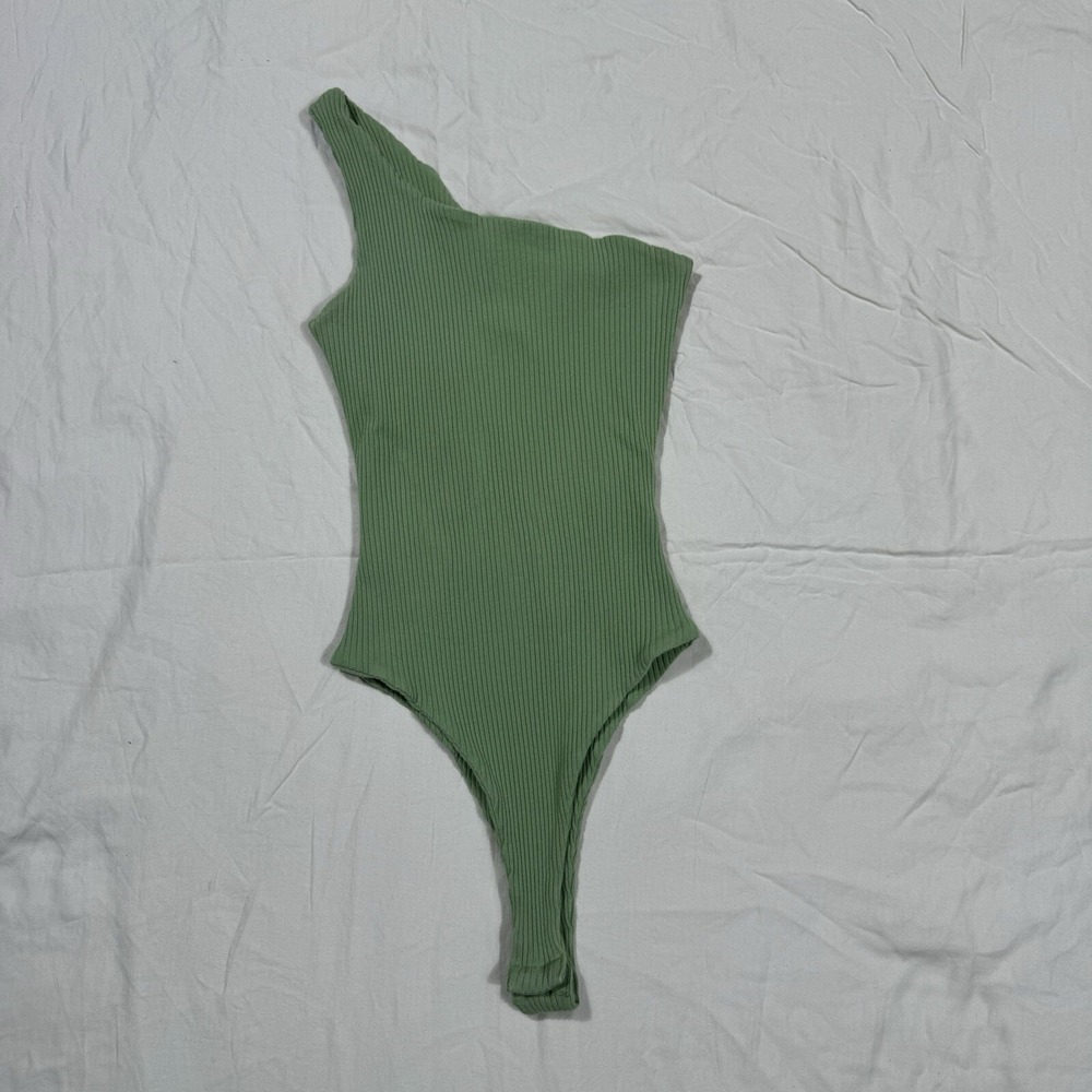 Princess Polly Bodysuit Womens 4 Ranski One Shoulder Green Snap Buttons Top Rib